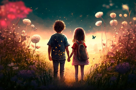 Illustration of a little boy and girl in a fantasy world holding hands from behind AI generated meadow flowersの素材