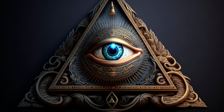 An illustrated depiction of the iconic all-seeing eye of the Illuminati set within a triangle.の素材
