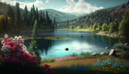 Escape to this picturesque paradise - a tranquil turquoise lake nestled amidst mountainous terrain surrounded by vibrant green meadows and a rainbow of blossoming wildflowersの素材