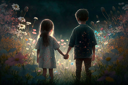 Illustration of a little boy and girl in a fantasy world holding hands from behind AI generated meadow flowersの素材