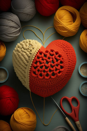 Handmade crochet heart and tools on a rustic wooden surfaceの素材