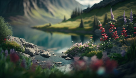 Escape to this picturesque paradise - a tranquil turquoise lake nestled amidst mountainous terrain surrounded by vibrant green meadows and a rainbow of blossoming wildflowersの素材