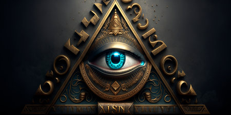 An illustrated depiction of the iconic all-seeing eye of the Illuminati set within a triangle.の素材