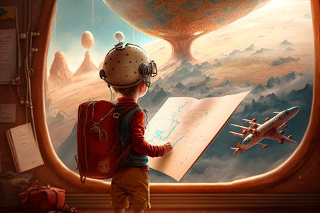 A boy with a hat and luggage as a pilot in a fairytale adventure illustrationの素材