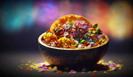 Indulge in the bold and complex flavors of Bhelpuri, a popular Indian street food made with puffed rice, vegetables, and tangy chutneysの素材