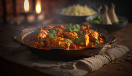 Experience the rich flavors of India with our sizzling Butter Chicken dish. Served hot and garnished with fragrant spices, this aromatic meal is a true delight for all your senses.の素材