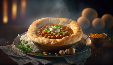 Indulge in the spicy and hearty flavors of Chole Bhature, a popular Punjabi dish made with spiced chickpeas and fried bread. Served with refreshing mint chutney and onions for a complete meal.の素材
