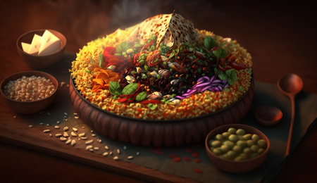 Indulge in the bold and complex flavors of Bhelpuri, a popular Indian street food made with puffed rice, vegetables, and tangy chutneysの素材