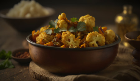 Experience the authentic flavors of India with Aloo Gobi, a classic dish made with potatoes and cauliflower, served in a rustic clay bowl on a wooden table.の素材