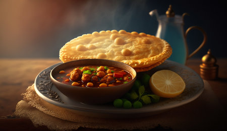 Indulge in the spicy and hearty flavors of Chole Bhature, a popular Punjabi dish made with spiced chickpeas and fried bread. Served with refreshing mint chutney and onions for a complete meal.の素材