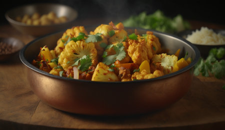 Experience the authentic flavors of India with Aloo Gobi, a classic dish made with potatoes and cauliflower, served in a rustic clay bowl on a wooden table.の素材