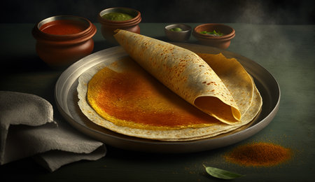Enjoy the flavors of South India with these mouthwatering dosas, fresh off the griddle and served hot.の素材