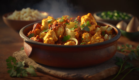 Experience the authentic flavors of India with Aloo Gobi, a classic dish made with potatoes and cauliflower, served in a rustic clay bowl on a wooden table.の素材