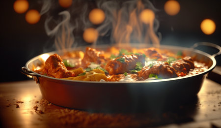 Get a taste of India with our flavorful Chicken Tikka Masala. Tender chicken marinated in spices and yogurt, cooked in a creamy tomato sauce. Served with basmati rice and naan bread for a complete meal.の素材