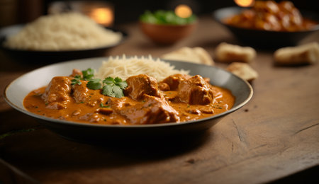 Experience the rich flavors of India with our sizzling Butter Chicken dish. Served hot and garnished with fragrant spices, this aromatic meal is a true delight for all your senses.の素材
