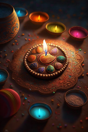 Celebrate Indian festival of Diwali with this colourful, festive decoration featuring bright candles and vibrant decor.の素材