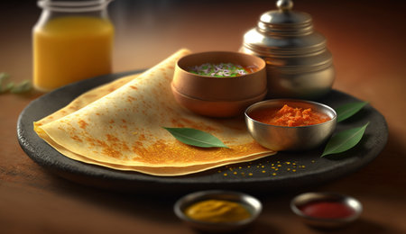 Enjoy the flavors of South India with these mouthwatering dosas, fresh off the griddle and served hot.の素材