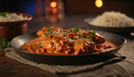 Get a taste of India with our flavorful Chicken Tikka Masala. Tender chicken marinated in spices and yogurt, cooked in a creamy tomato sauce. Served with basmati rice and naan bread for a complete meal.の素材
