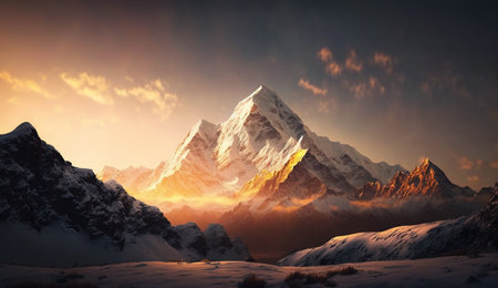 This stunning photograph captures the magic of a Himalayan sunrise, painting the majestic mountains with a golden glow and creating a moment of awe-inspiring beauty.の素材