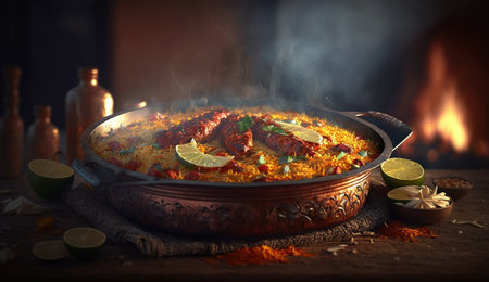 Experience the rich and savory flavors of Biryani, a popular Indian rice dish made with aromatic spices, meat or vegetables, and served steaming hotの素材