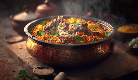 Experience the rich and savory flavors of Biryani, a popular Indian rice dish made with aromatic spices, meat or vegetables, and served steaming hotの素材