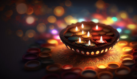 Celebrate Indian festival of Diwali with this colourful, festive decoration featuring bright candles and vibrant decor.の素材