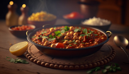 Savor the flavors of India with our spiced Chana Masala dish. Perfectly balanced with a blend of chickpeas, tomatoes, and traditional spices, all nestled in a warm and inviting aroma.の素材