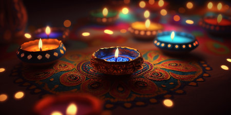 Celebrate Indian festival of Diwali with this colourful, festive decoration featuring bright candles and vibrant decor.の素材