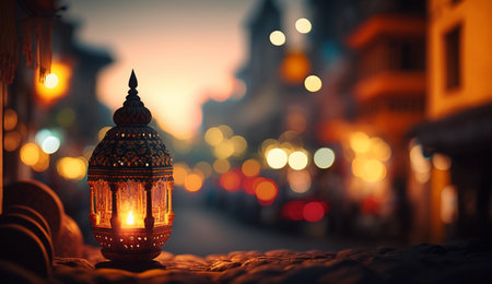Experience the magic of an Indian evening with this beautiful lantern against a stunning city backdrop.の素材