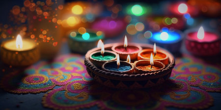 Celebrate Indian festival of Diwali with this colourful, festive decoration featuring bright candles and vibrant decor.の素材