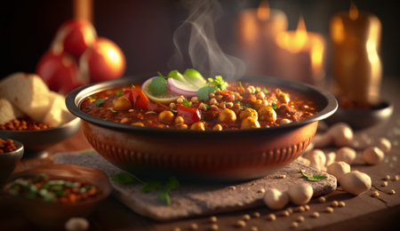 Savor the flavors of India with our spiced Chana Masala dish. Perfectly balanced with a blend of chickpeas, tomatoes, and traditional spices, all nestled in a warm and inviting aroma.の素材