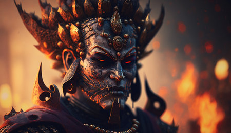 Experience the rich mythology of India with this striking portrait of Ravana, the ten-headed demon king from the Hindu epic, Ramayana.の素材