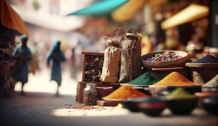 Immerse yourself in the bustling energy of India's vibrant bazaars, where market stalls overflow with an array of vividly colored spices and goods.の素材