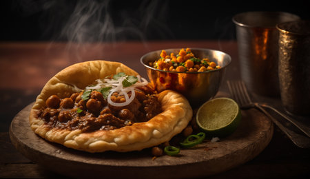 Indulge in the spicy and hearty flavors of Chole Bhature, a popular Punjabi dish made with spiced chickpeas and fried bread. Served with refreshing mint chutney and onions for a complete meal.の素材