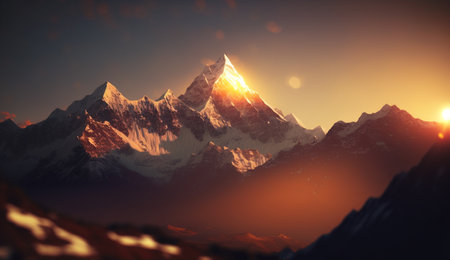 This stunning photograph captures the magic of a Himalayan sunrise, painting the majestic mountains with a golden glow and creating a moment of awe-inspiring beauty.の素材