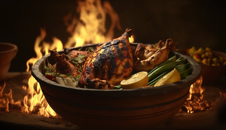 Sizzling Tandoori Chicken in clay dish cooked over open flames, presented on wooden table for rustic feelの素材