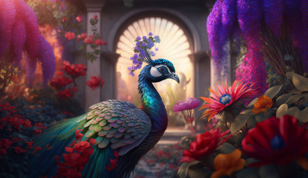 This image captures a vibrantly colorful pheasant in an enchanting Indian garden, amidst magical splendor and an aura of mystery.の素材