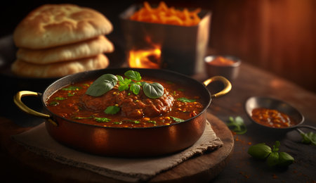 Savor the flavors of India with this steaming Pav Bahji dish, captured in beautiful detail and set against a dark background to enhance its vibrant colors.の素材