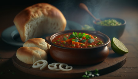 Savor the flavors of India with this steaming Pav Bahji dish, captured in beautiful detail and set against a dark background to enhance its vibrant colors.の素材