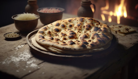 Experience the soft and fluffy texture of Naan, a popular Indian bread that is a must-have accompaniment to every meal.の素材