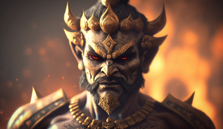 Experience the rich mythology of India with this striking portrait of Ravana, the ten-headed demon king from the Hindu epic, Ramayana.の素材