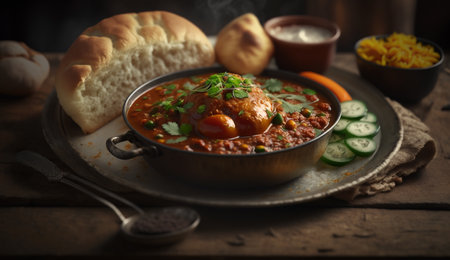 Savor the flavors of India with this steaming Pav Bahji dish, captured in beautiful detail and set against a dark background to enhance its vibrant colors.の素材