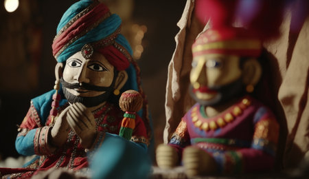 Vibrant wooden puppets of an ancient Indian puppet theater, depicting mythological stories and legendsの素材