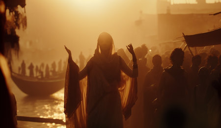 Witness the spiritual tradition of Indian pilgrims bathing in the holy Ganges River amidst the picturesque backdrop of the setting sun.の素材