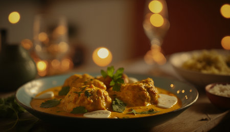 Indulge in the heavenly flavors of Malai Kofta, a delicious Indian dish featuring creamy dumplings in a rich tomato-based sauce.の素材