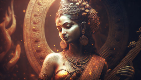 Experience the grace and beauty of Saraswati, the beloved Hindu goddess who represents knowledge, learning, and the arts, in this stunning portrait.の素材