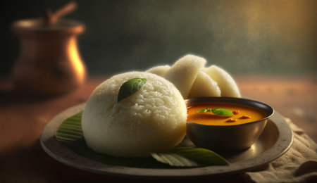 Idlis, a popular Indian dish, served steaming hot against a dark backdrop, ready to tantalize your taste buds.の素材