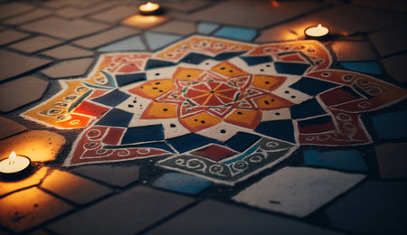 Experience the vibrancy of Indian culture with Rangoli, a traditional folk art of creating intricate and colorful designs using colored powders or sand on the floor.の素材