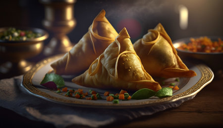 Experience the taste of India with samosas, a crispy and savory snack filled with spiced potatoes and peas, served hot and fresh on a wooden table.の素材