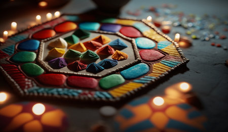 Experience the vibrancy of Indian culture with Rangoli, a traditional folk art of creating intricate and colorful designs using colored powders or sand on the floor.の素材
